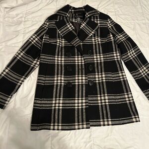 New York & Company Black and Cream Plaid Pea Coat